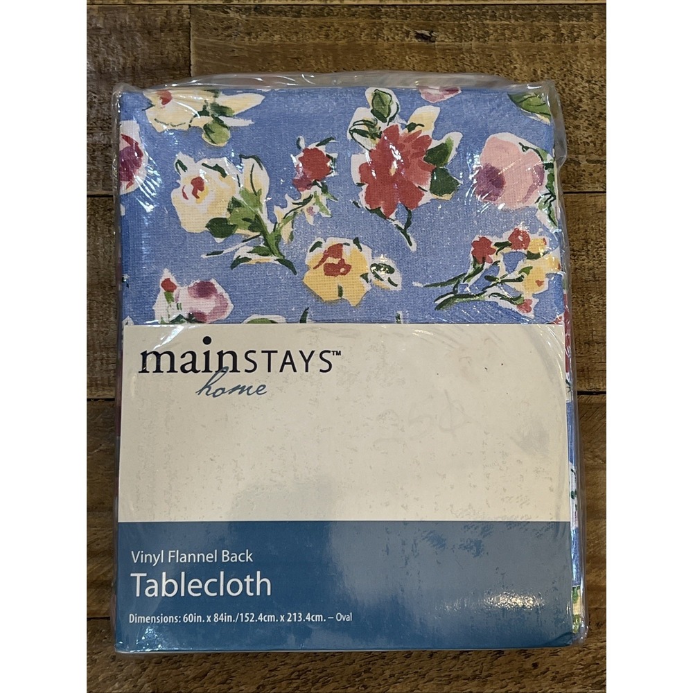 Mainstays Home Blue Floral Vinyl Flannel Back Tablecloth 60in X 84in NOS